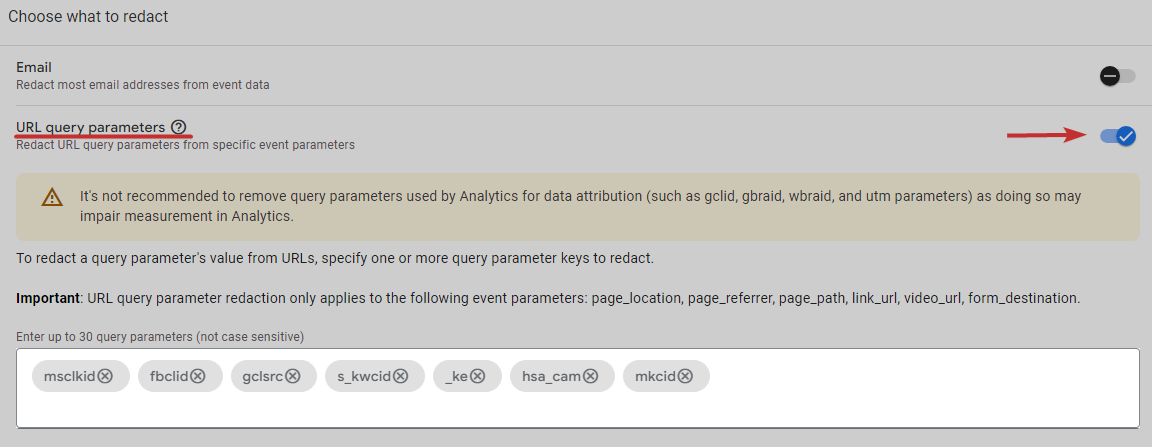 Redact PII (personal identifying information) from Query Params automatically in GA4