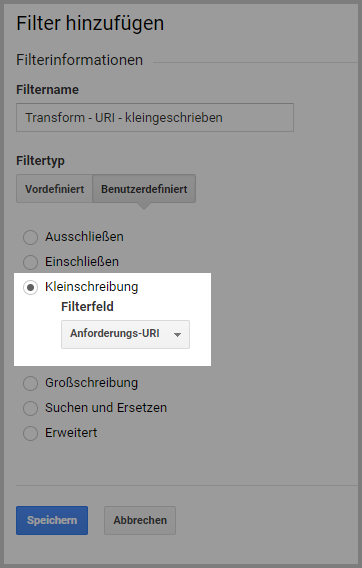 Adresspfade in Google Analytics auf kleingeschrieben transormieren