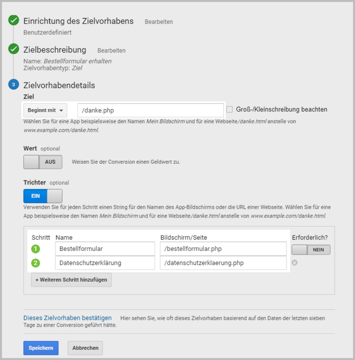 Google Analytics Zielvorhaben konfiguration