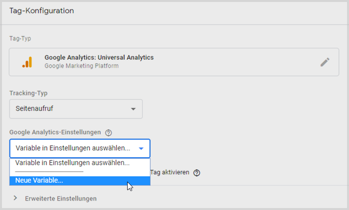 Google Tag Manager Google Analytics Einstellung mit variable