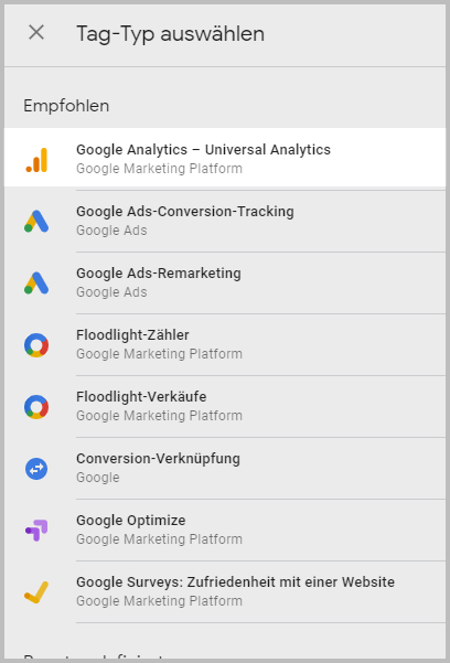 Google Tag Manager tag typ auswählen