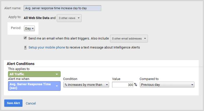 set up Google Analytics alerts for server response time screenshot