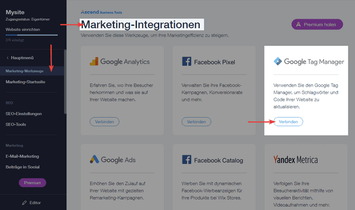 Wix Marketing-Integration für Google Tag Manager