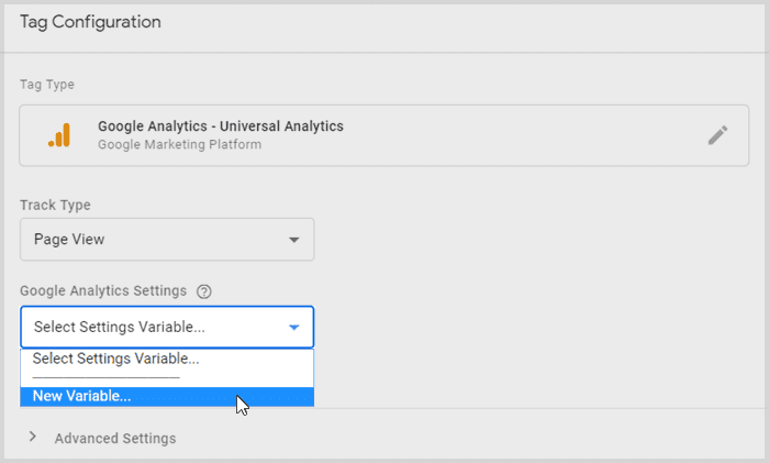 Google Tag Manager settings variable for Google Analytics screenshot