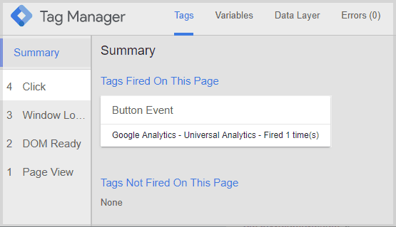 google tag manager debugger click tracking