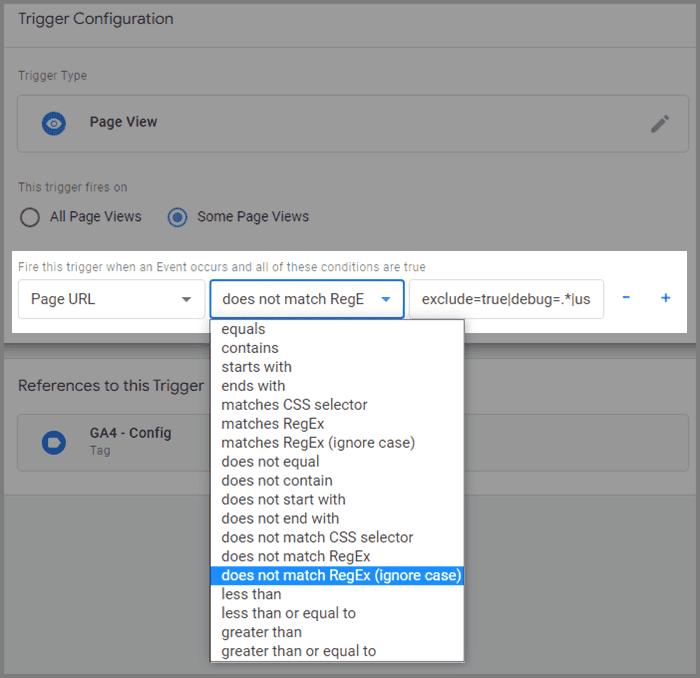 GTM trigger settings with regular expression
