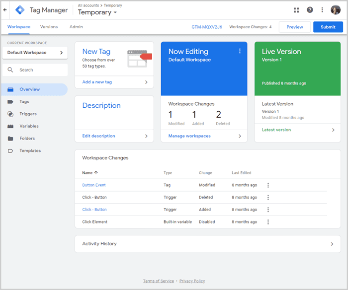 Google Tag Manager overview tab
